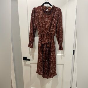 Brown dot  midi dress long sleeve size L polyester